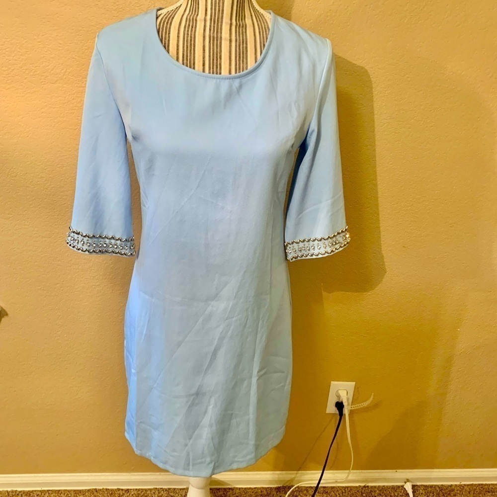 Lulu’s Dress Medium Mini Pale Blue Short Sleeve Silver Embellishments Crystals